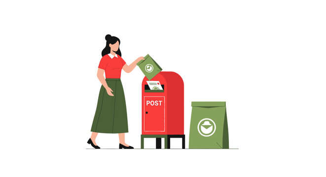 Woman Mailing a Letter into a Red Post Box Illustration - Vector Postal Service and Correspondence Concept
