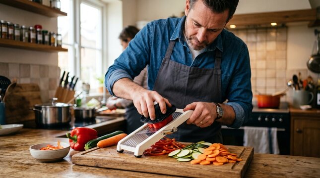Man slicing vegetables on a mandoline slicer in a bright kitchen preparing a healthy meal with fresh ingredients