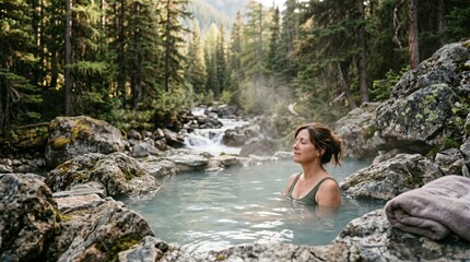 Fototapeta premium Woman relaxing in a natural hot spring surrounded by a lush forest and a flowing river, enjoying a peaceful moment