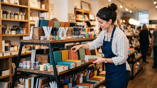 Young woman working in a stationery shop arranging colorful notebooks and art supplies on shelves