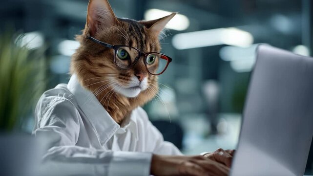 Cat wears glasses and a shirt while typing