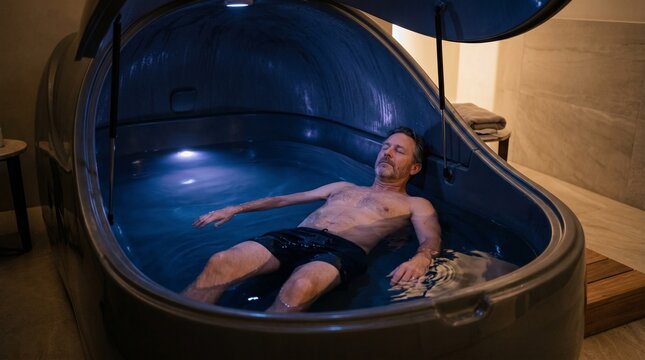 Man relaxing in a dark float tank filled with blue water and soft interior lighting for ultimate sensory deprivation and stress relief
