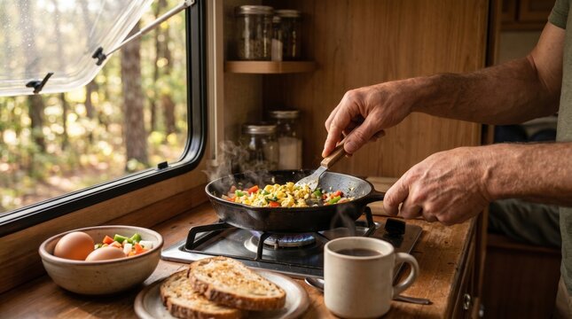 Cooking Breakfast Inside Camper Kitchen