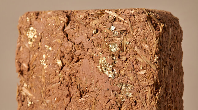 Adobe Brick Texture: A close-up macro shot reveals the earthy texture of an adobe brick, showcasing its natural composition of clay, straw, and subtle flecks of gold, hinting at its artisanal origin.