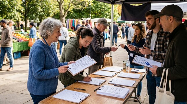 Diverse group of people signing up at a farmers market stall with clipboards and pens