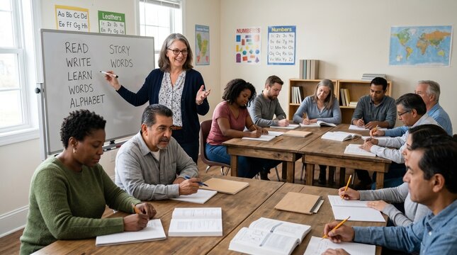 Diverse group of adults attending a literacy class with teacher at whiteboard learning to read write and speak new words