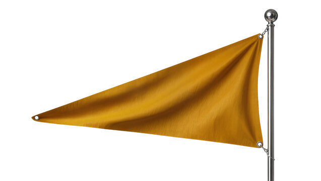 Yellow triangular flag attached to metal pole with grommets, isolated on transparent background