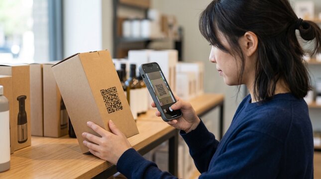 Woman scanning QR code on product packaging with smartphone in retail store for information or payment