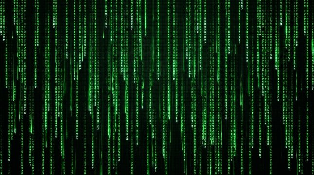 Digital rain effect with green characters and numbers falling on a black background representing a computer code or matrix concept