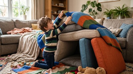 Obraz premium Young boy building a fort out of couch cushions and blankets in a cozy living room with toys scattered around
