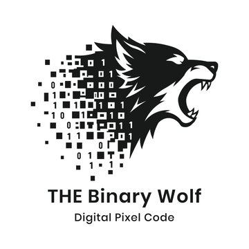 Minimalist Cyber Wolf Logo Vector with Digital Binary Pixel Code