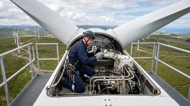 Wind turbine technician inspects gearbox mechanism high up on nacelle with wind farm in background on cloudy day