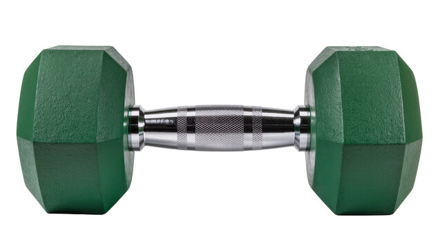 Hexagonal green dumbbell with chrome handle, isolated on transparent background