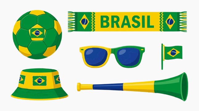 Brazilian Football Fan Accessories Including Soccer Ball Scarf Hat Sunglasses Flag and Vuvuzela