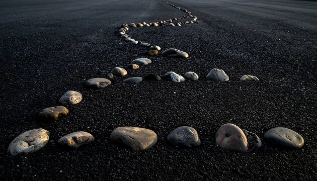 A serene arrangement of smooth stones forming a winding pattern on a dark sandy beach