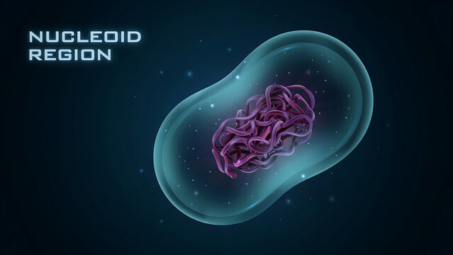 Prokaryotic cell structure with nucleoid region and purple DNA strands inside a blue cell membrane  biological and scientific concepts