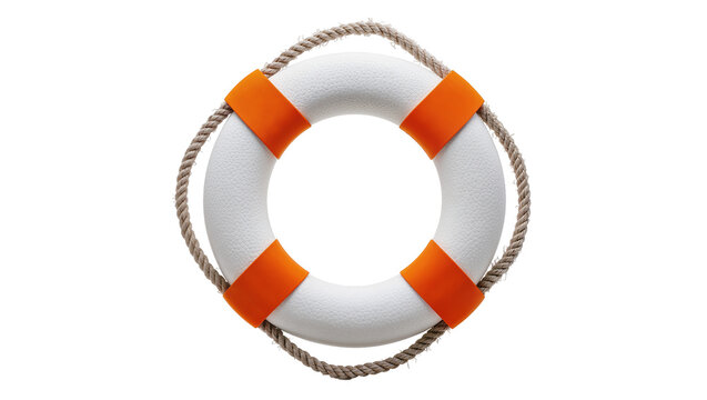 White life preserver ring with orange accents and rope, isolated on transparent background