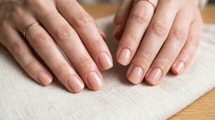 Fototapeta premium Elegant hands with perfect nude manicure and delicate gold rings resting on a textured fabric surface