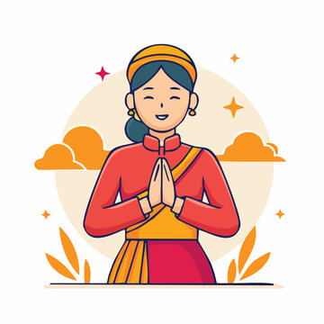 Woman in Traditional Vietnamese Ao Dai Greeting