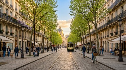 Obraz premium Charming Parisian street with tram and people cycling and walking on a sunny day with blooming trees