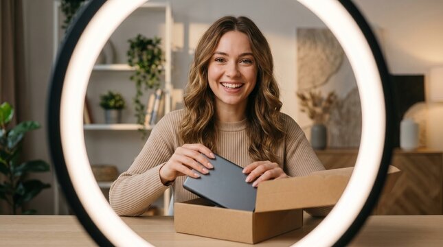 Young woman smiling and unboxing a new electronic device in front of a ring light for a video review or unboxing video