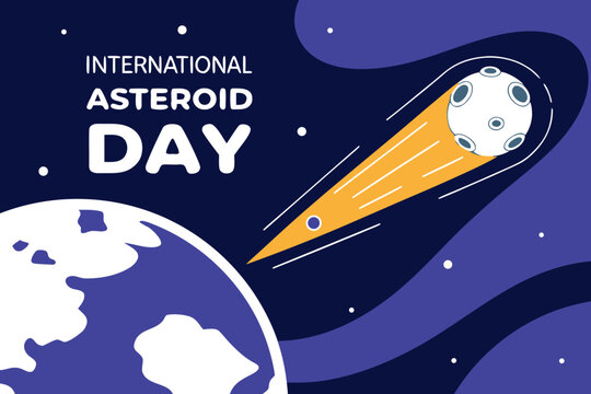 International Asteroid Day illustration with asteroid flying by Earth in space
