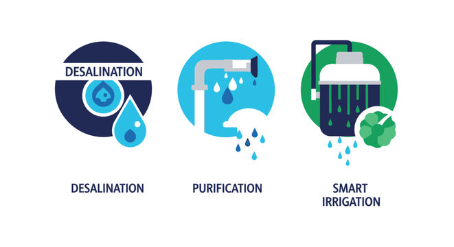 Water Management Icons Set featuring Desalination, Purification, and Smart Irrigation Systems for Sustainable Ecology and Conservation