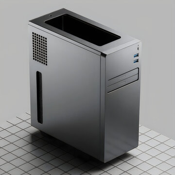 Minimalist dark grey computer desktop chassis on grid background for powerful workstation assembly.
