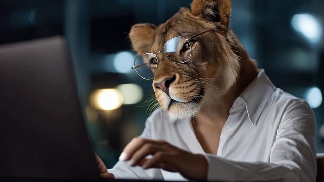 Lioness wears glasses, types on laptop