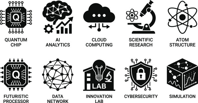 Technology and Science Icons: Quantum Chip, AI, Cloud, Research, Atom, Data, Cybersecurity