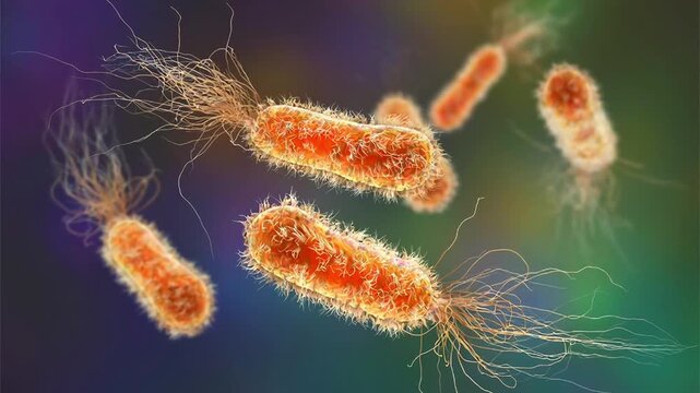 Pseudomonas aeruginosa bacteria, 3D animation showing slowly rotating gram-negative rod-shaped cells, illustrating opportunistic pathogen and biofilm formation.