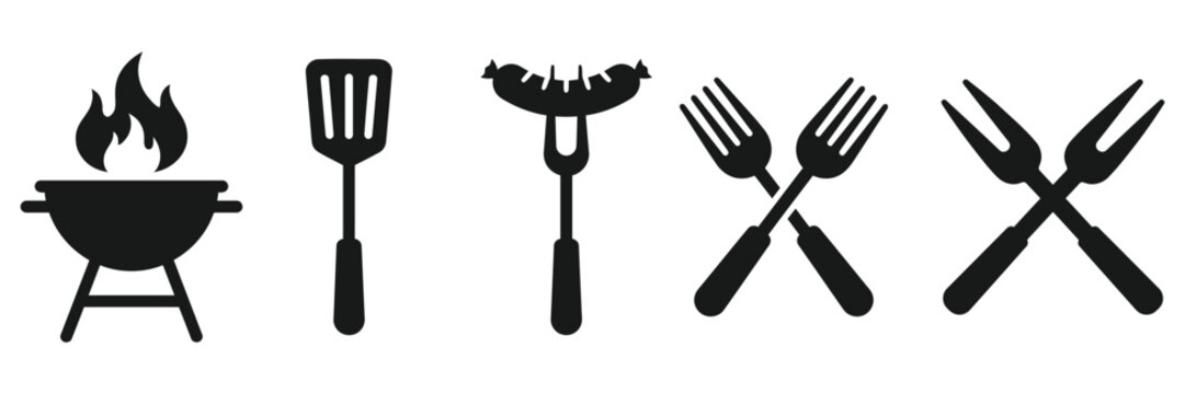 Barbecue icon set featuring grill spatula sausage forks and tongs in silhouette style