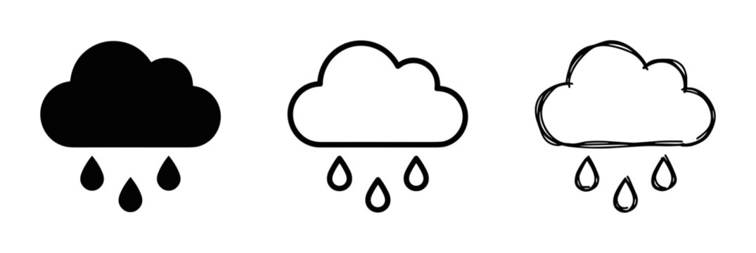 Rain Cloud Icons: Solid Black, Outline, and Hand-Drawn Styles for Weather and Meteorology