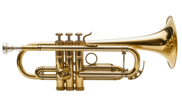 Shiny brass trumpet with three valves, isolated on transparent background