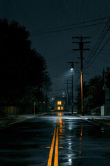 Fototapeta premium <Moody Nighttime Street: Atmospheric Urban Landscape with Wet Pavement and Illuminated Road>