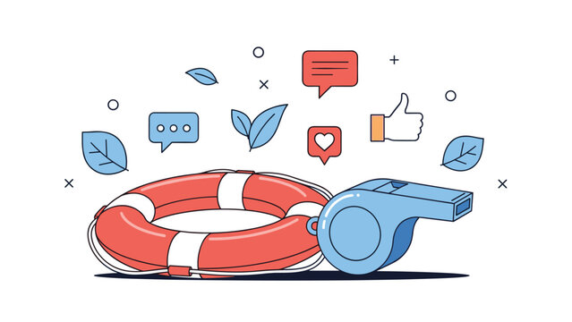 Lifebuoy and a blue whistle are paired with social media icons suggesting support and emergency services available online.