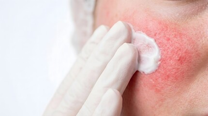 Naklejka premium Gloved hand applying soothing white cream to patient cheek with severe rosacea redness