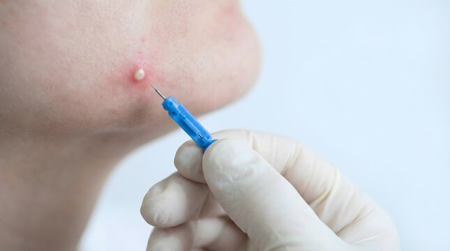 Dermatologist using blue lancet needle to pierce large whitehead pimple on patient chin macro view