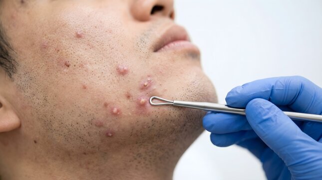 Macro view of beautician using metal tool to extract whitehead pimples on man chin