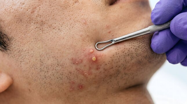 Macro of dermatologist using metal comedone extractor tool to pop pimples on man's chin