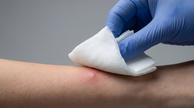Doctor hand in blue glove holding sterile gauze pad over large red swollen bump on arm