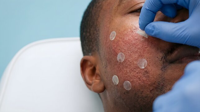Close up of dermatologist hand in blue glove removing acne patch from man cheek with blemishes