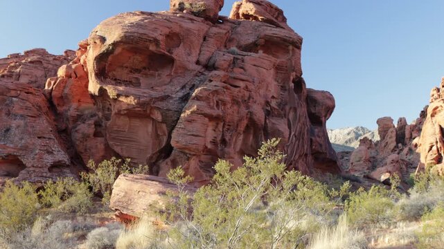 Landscape view of the iconic red Aztec sandstone formations and blowing grasses at Valley of Fire State Park in Nevada
