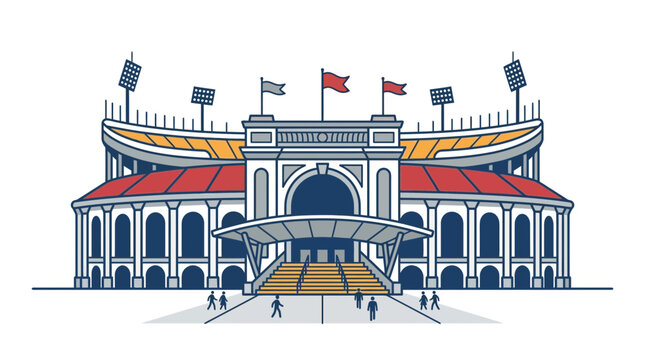 Modern Stadium Facade with Flags and Lights, Sports Arena Exterior Illustration