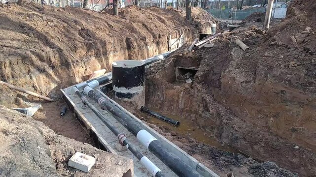 Water Pipe Repair in Excavated Trench &mdash; Infrastructure Background for Films