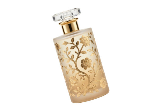 Elegant Gold Perfume Bottle with Floral Design Isolated on Transparent PNG &ndash; Luxury Beauty Cosmetics Clipart
