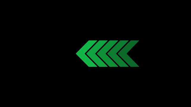 Left-directional green arrow loop animation. Animated forward arrows on black motion background.