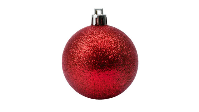 Shiny red glitter Christmas bauble with silver cap, isolated on transparent background