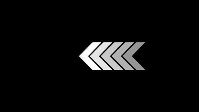 Left-directional white arrow loop animation. Animated forward arrows on black motion background. 4k video
