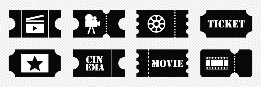 Black silhouette icons depicting cinema and movie related elements on transparent background